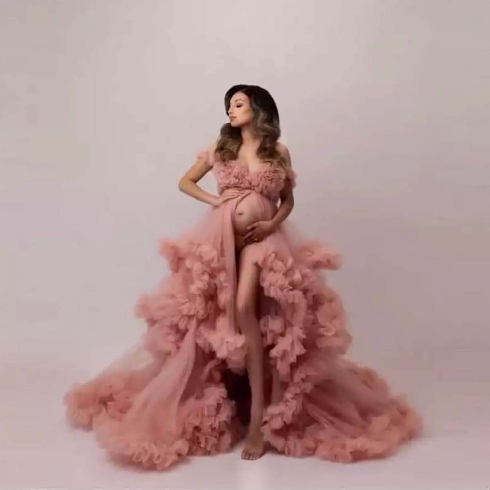 Women's Prom, Maternity, Birthday Dress, V Neck Ruffles Floor length Dress.